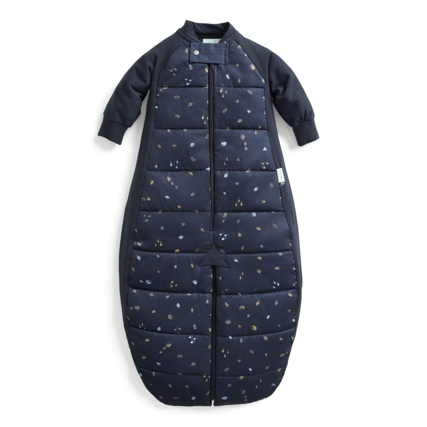 Dark navy long sleeved toddler sleep suit bag with hedgehog print, displayed zipped in sleeping bag mode with enclosed legs.