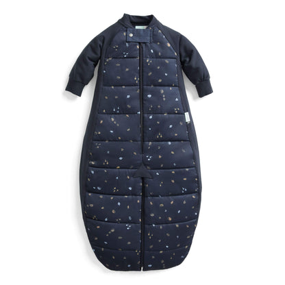 Dark navy long sleeved toddler sleep suit bag with hedgehog print, displayed zipped in sleeping bag mode with enclosed legs.