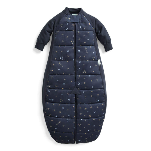 Dark navy long sleeved toddler sleep suit bag with hedgehog print, displayed zipped in sleeping bag mode with enclosed legs.