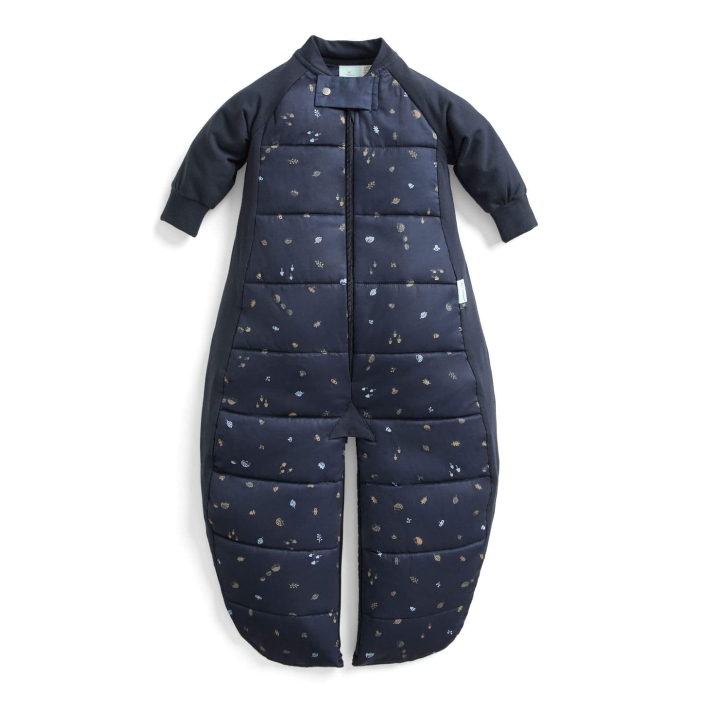 The ergoPouch Sleep Suit Bag 3.5 TOG in Hedgehog print, shown in sleep suit mode with long sleeves and separated legs.