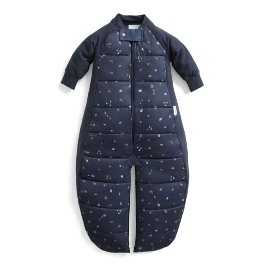 The ergoPouch Sleep Suit Bag 3.5 TOG in Hedgehog print, shown in sleep suit mode with long sleeves and separated legs.