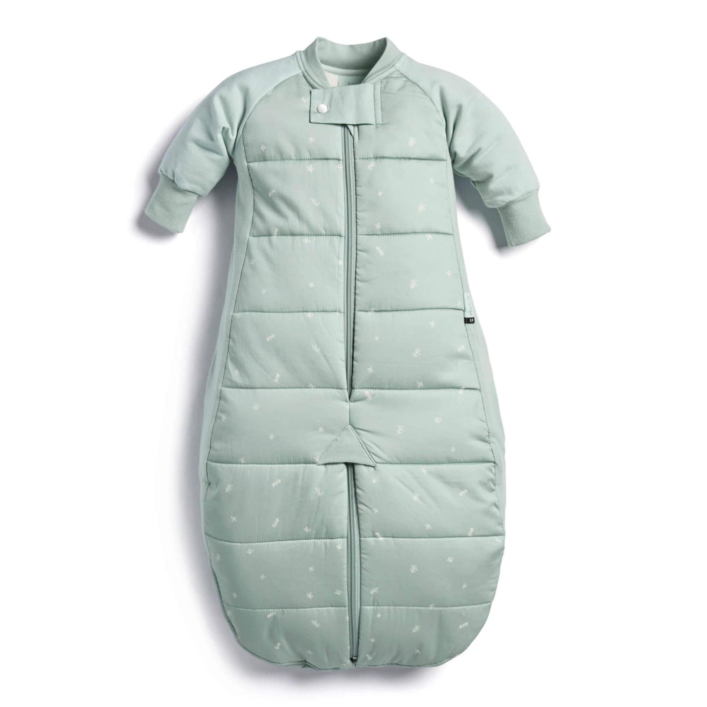 Green padded sleep suit bag with long sleeves displayed flat with legs zipped together into sleeping bag shape.