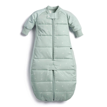 Green padded sleep suit bag with long sleeves displayed flat with legs zipped together into sleeping bag shape.