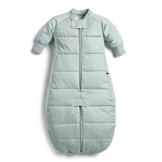 Green padded sleep suit bag with long sleeves displayed flat with legs zipped together into sleeping bag shape.