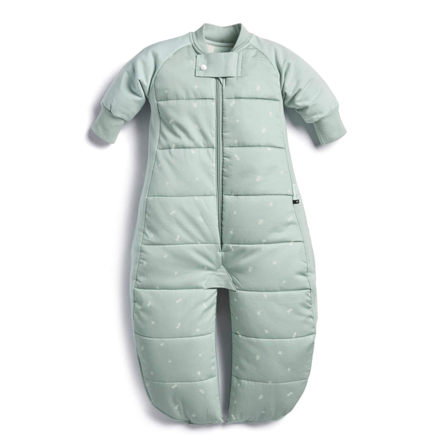 The ergoPouch Sleep Suit Bag 3.5 TOG in Sage, shown in sleep suit mode with long sleeves and separated legs.