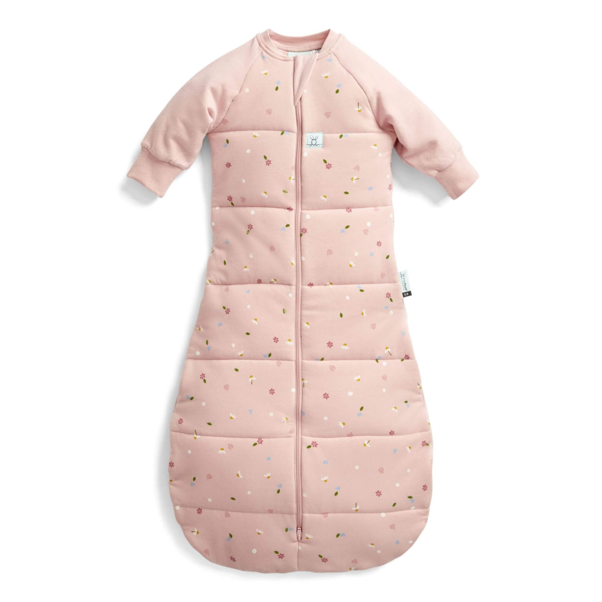 ErgoPouch Winter Jersey Long Sleeved Sleeping Bag 3.5 TOG in Daisies print, featuring a cosy zip-up design and bell-shaped bottom for comfort.