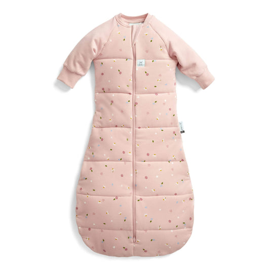 ErgoPouch Winter Jersey Long Sleeved Sleeping Bag 3.5 TOG in Daisies print, featuring a cosy zip-up design and bell-shaped bottom for comfort.