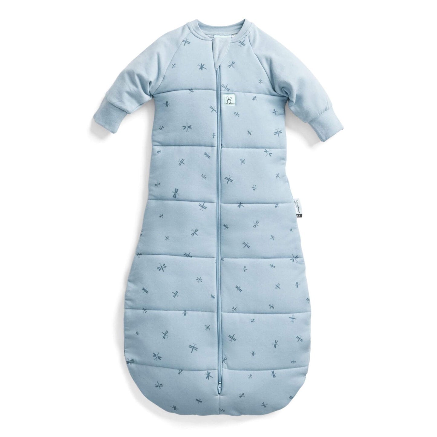 ErgoPouch Winter Jersey Long Sleeved Sleeping Bag 3.5 TOG in Dragonflies print, featuring a cosy zip-up design and bell-shaped bottom for comfort.