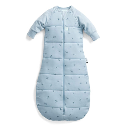 ErgoPouch Winter Jersey Long Sleeved Sleeping Bag 3.5 TOG in Dragonflies print, featuring a cosy zip-up design and bell-shaped bottom for comfort.