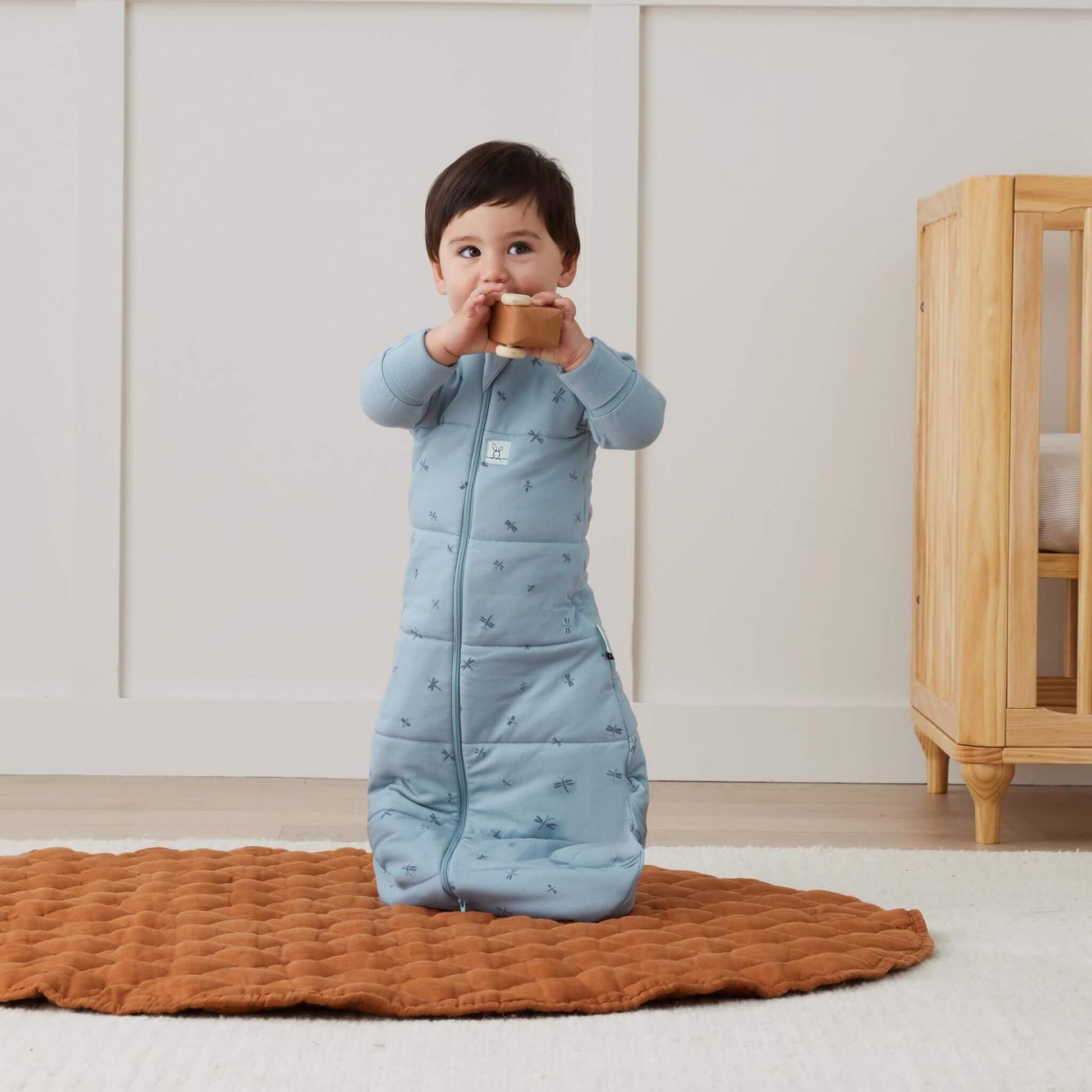Toddler standing in a sleeping bag with Dragonflies print, playing on a soft quilted mat.