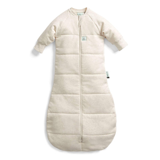 ErgoPouch Winter Jersey Long Sleeved Sleeping Bag 3.5 TOG in Oatmeal, featuring a soft zip-up design, breathable organic cotton, and a bell-shaped bottom for hip health.