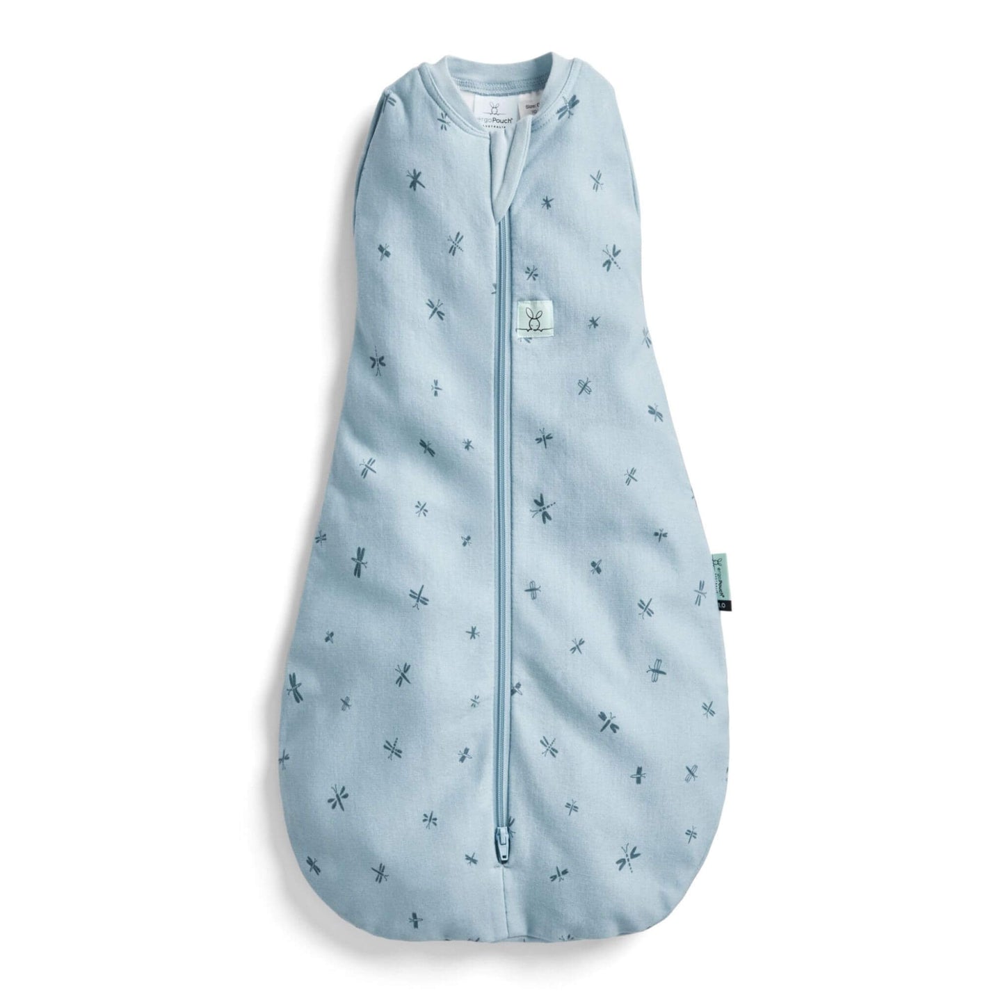 The ErgoPouch Cocoon Swaddle Bag in dragonflies print, featuring a soft blue fabric with delicate dragonfly motifs and a convenient zip design.