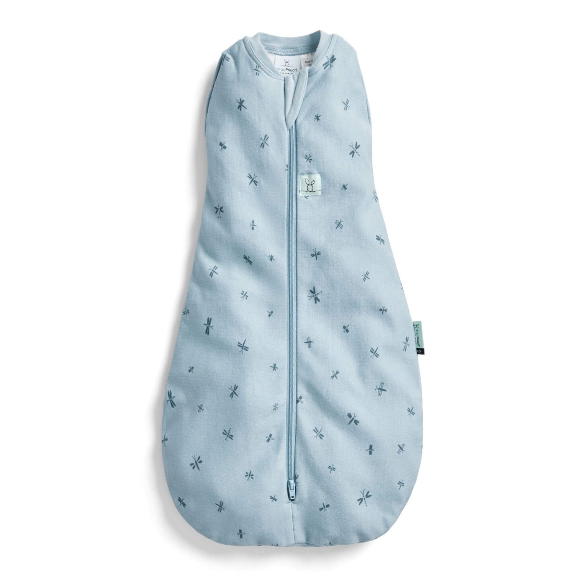 The ErgoPouch Cocoon Swaddle Bag in dragonflies print, featuring a soft blue fabric with delicate dragonfly motifs and a convenient zip design.