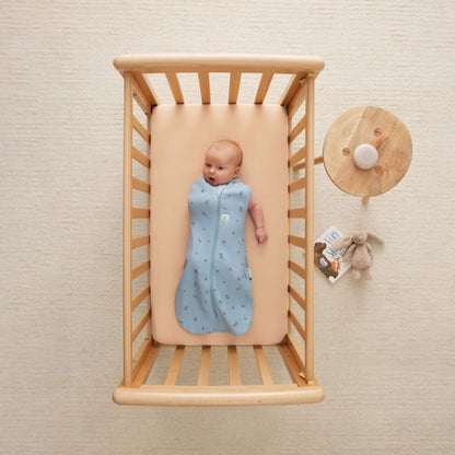 Baby lying in a wooden cot wearing a light blue Cocoon Swaddle Bag with dragonfly print, both arms free, with a soft toy and book placed nearby.