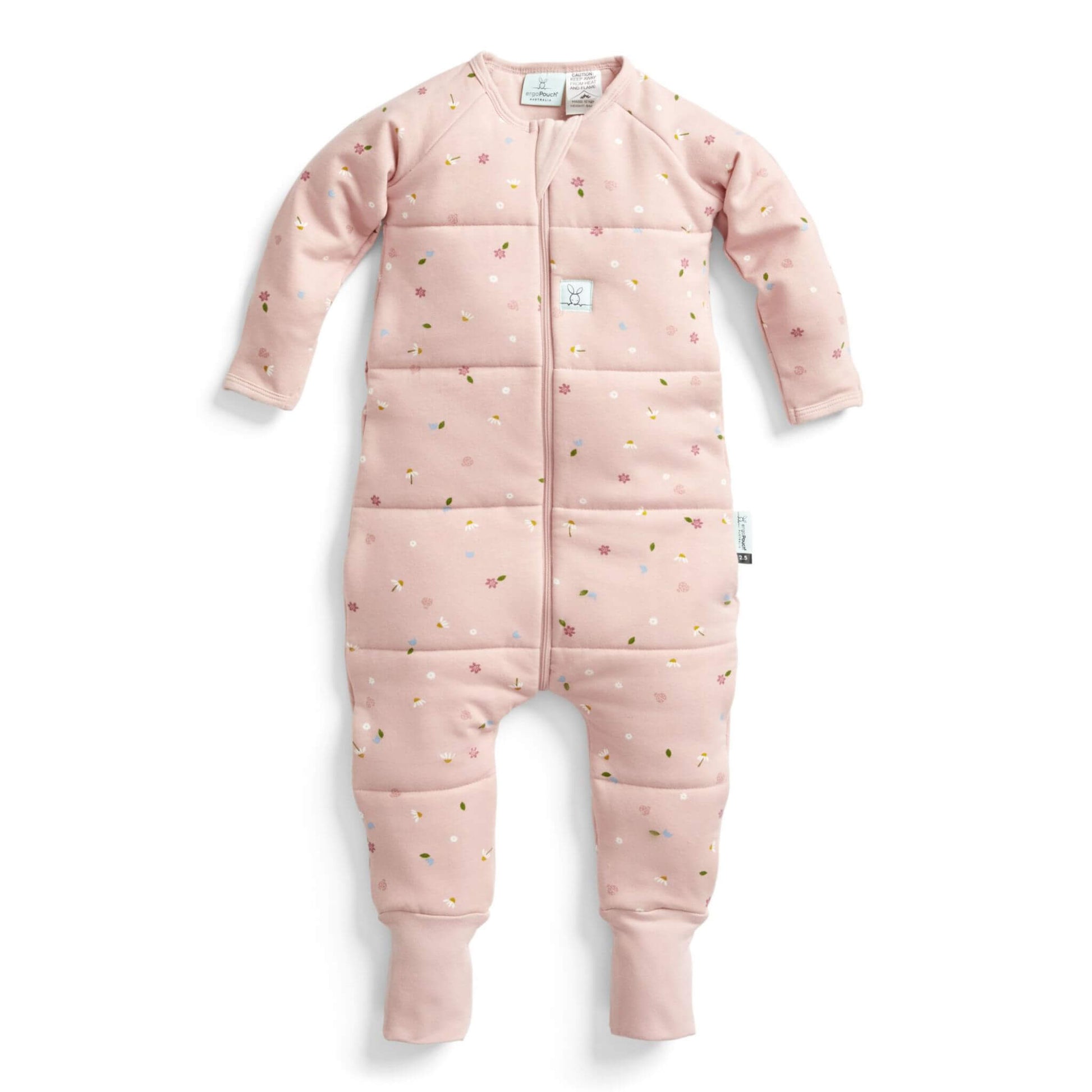 ErgoPouch Sleep Onesie in the Daisies print. It showcases its cosy, TOG-rated design with long sleeves and a zip-up front, made from soft, breathable organic cotton with a floral pattern.