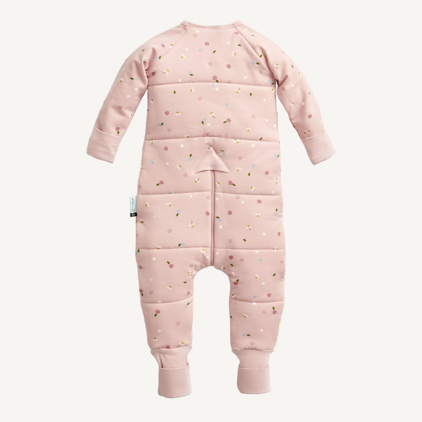 Back view of a3.5 Tog winter weight Sleep Onesie in a pink fabric with Daisies print, featuring cosy quilted fabric, fold-over foot cuffs.
