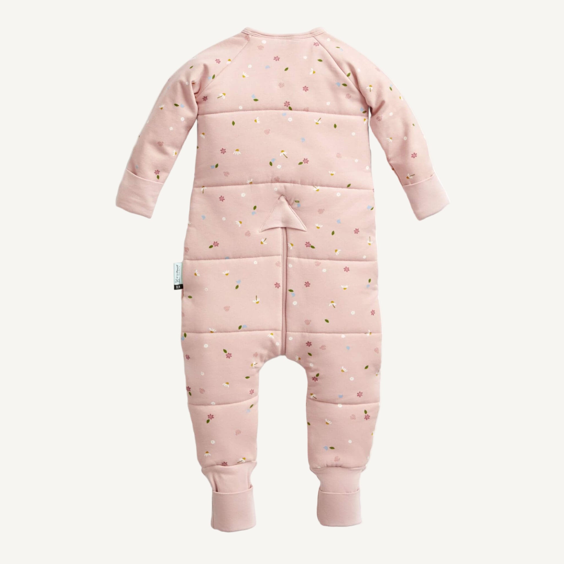 Back view of a3.5 Tog winter weight Sleep Onesie in a pink fabric with Daisies print, featuring cosy quilted fabric, fold-over foot cuffs.