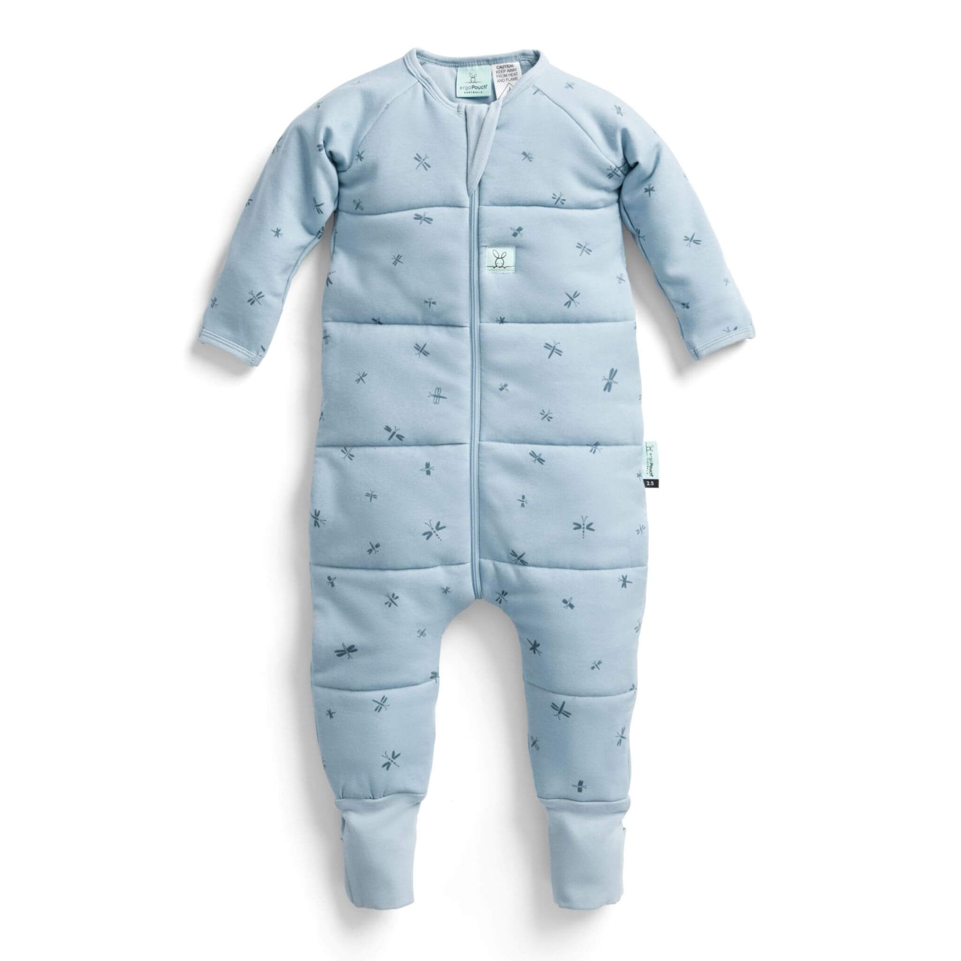 The ErgoPouch Sleep Onesie in Dragonflies print features a charming light blue design with delicate dragonfly patterns.