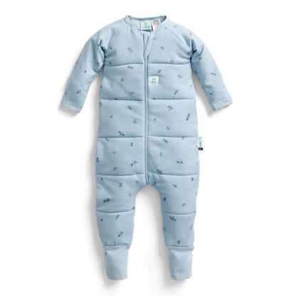 The ErgoPouch Sleep Onesie in Dragonflies print features a charming light blue design with delicate dragonfly patterns.