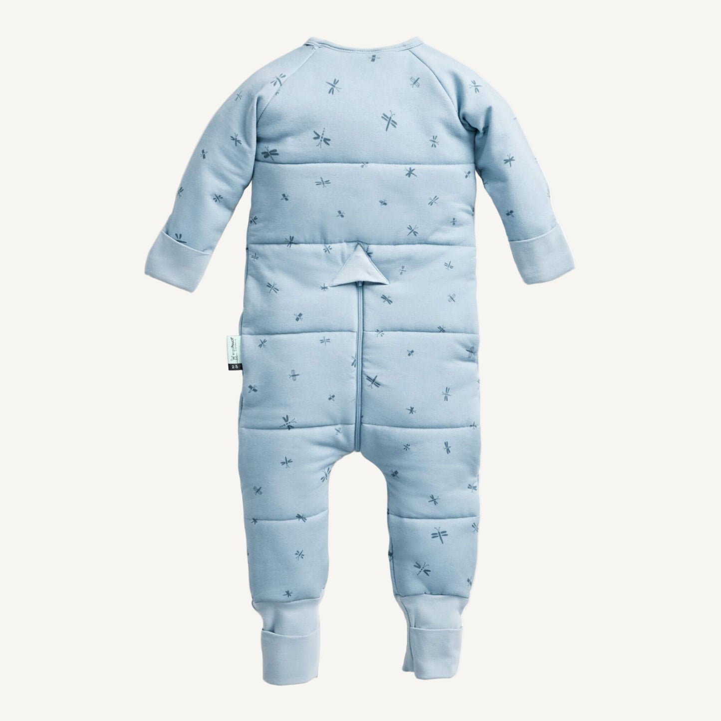 Back view of a winter weight Sleep Onesie in Dragonflies print, featuring a light blue fabric with delicate dragonfly patterns, combines style and functionality.