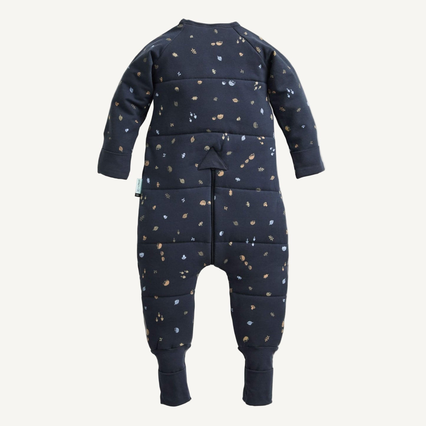 Back view of a Sleep Onesie in Hedgehog print showcases its practical design with a secure fit and nature-inspired pattern. Featuring woodland elements like hedgehogs, acorns, and leaves.