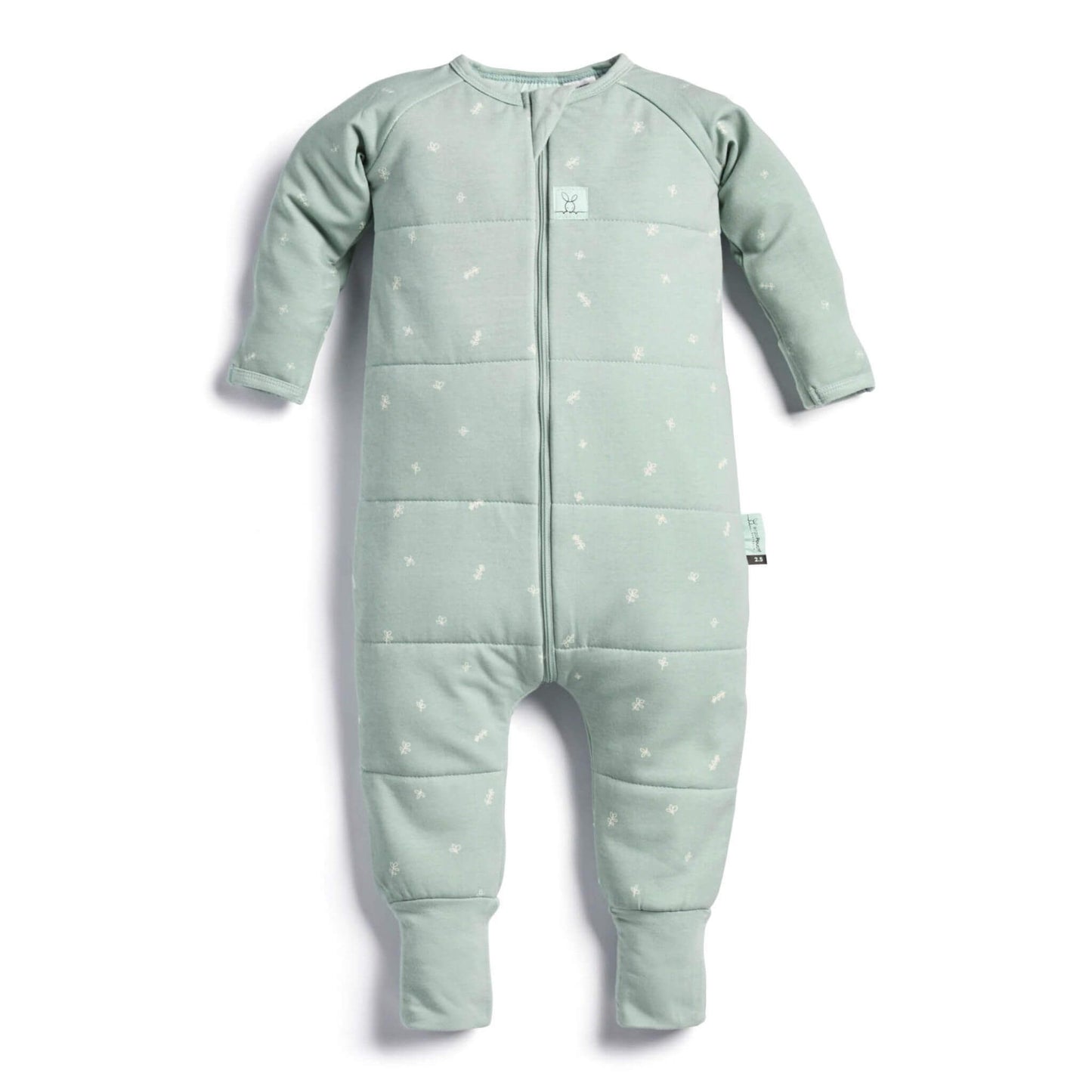 A sage green ErgoPouch Sleep Onesie featuring a cosy quilted design with delicate white patterns, long sleeves, and foot cuffs.