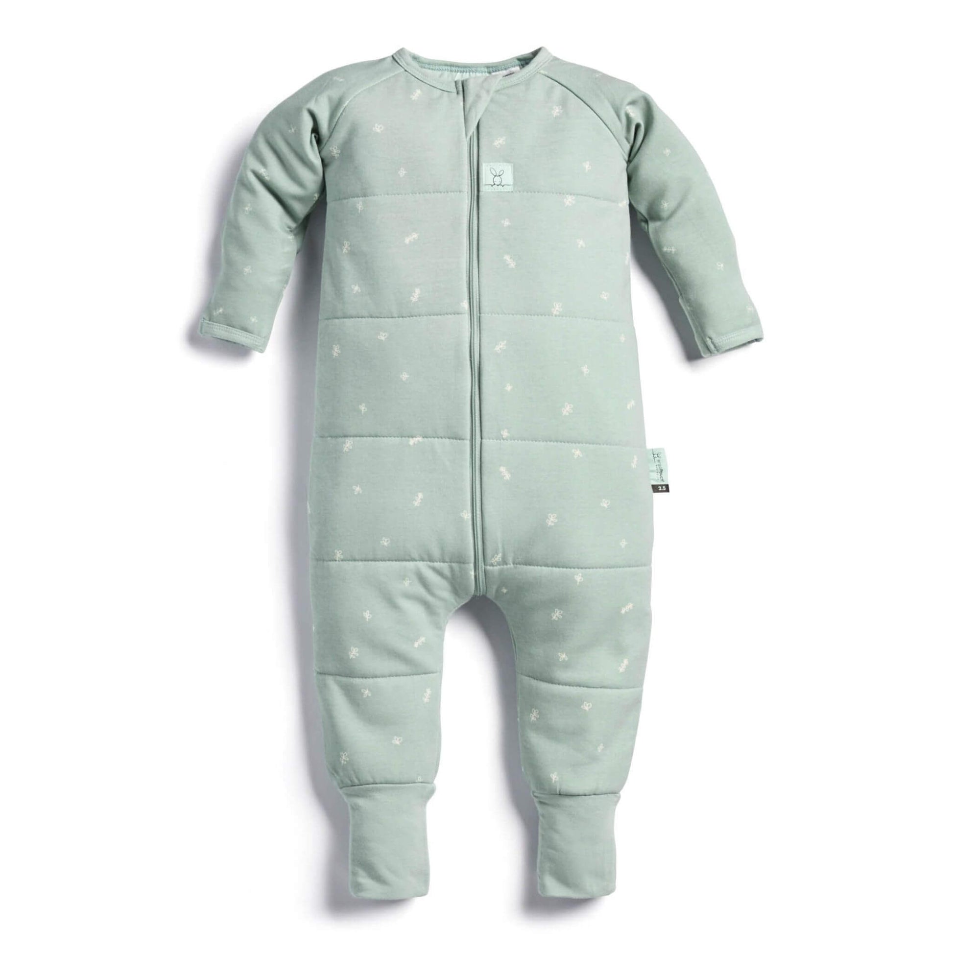 A sage green ErgoPouch Sleep Onesie featuring a cosy quilted design with delicate white patterns, long sleeves, and foot cuffs.