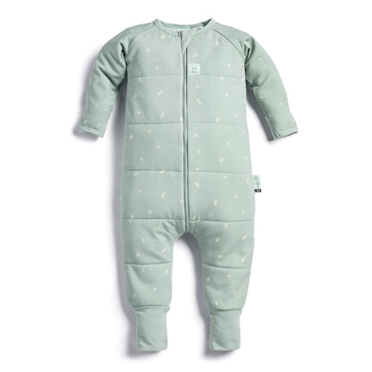 A sage green ErgoPouch Sleep Onesie featuring a cosy quilted design with delicate white patterns, long sleeves, and foot cuffs.