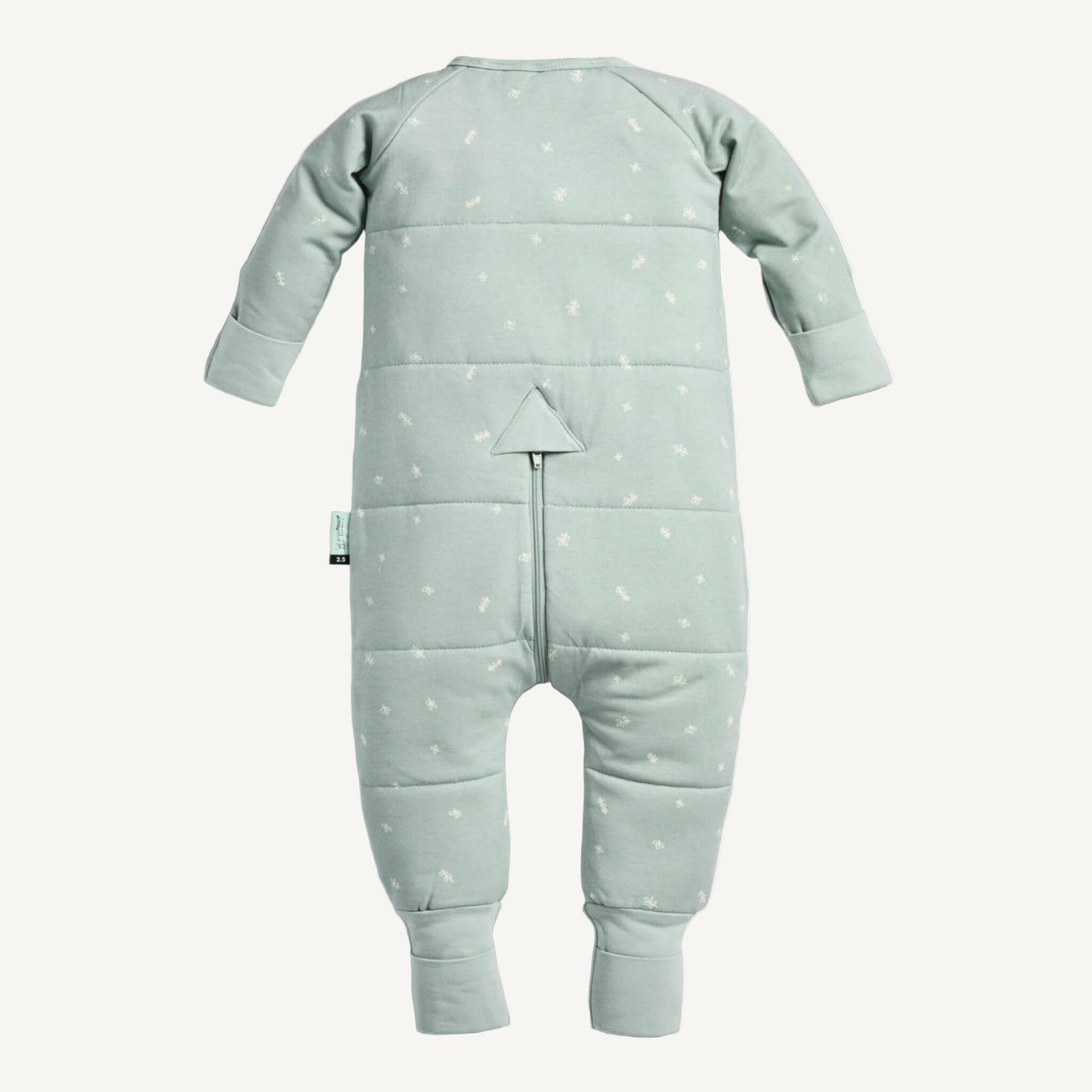 Back view of a winter weight Sleep Onesie in sage green with quilted detailing, soft fabric, long sleeves, and a practical rear zip.