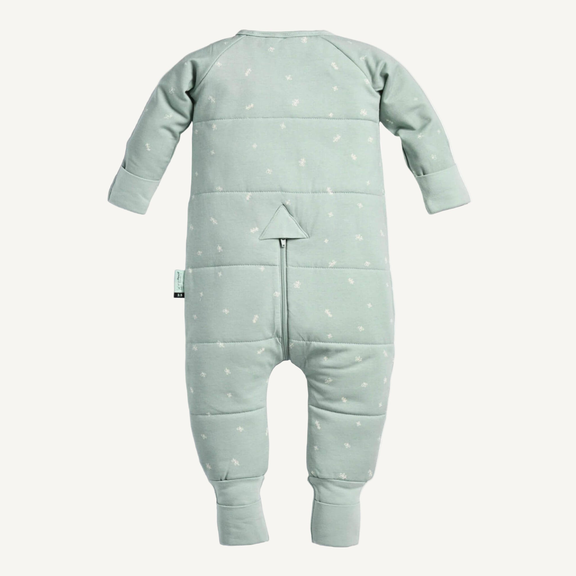 Back view of a winter weight Sleep Onesie in sage green with quilted detailing, soft fabric, long sleeves, and a practical rear zip.