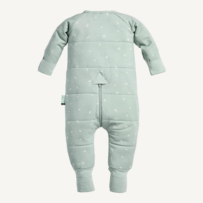 Back view of a winter weight Sleep Onesie in sage green with quilted detailing, soft fabric, long sleeves, and a practical rear zip.