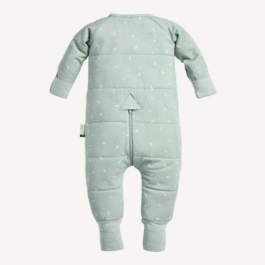 Back view of a winter weight Sleep Onesie in sage green with quilted detailing, soft fabric, long sleeves, and a practical rear zip.