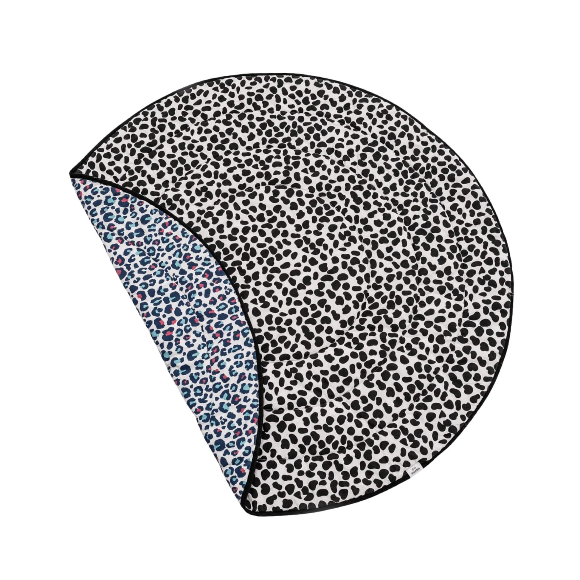Etta Loves Reversible Sensory Baby Playmat in Animal Print design, round padded mat shown partially folded to reveal black and white high contrast side and colourful leopard print reverse.