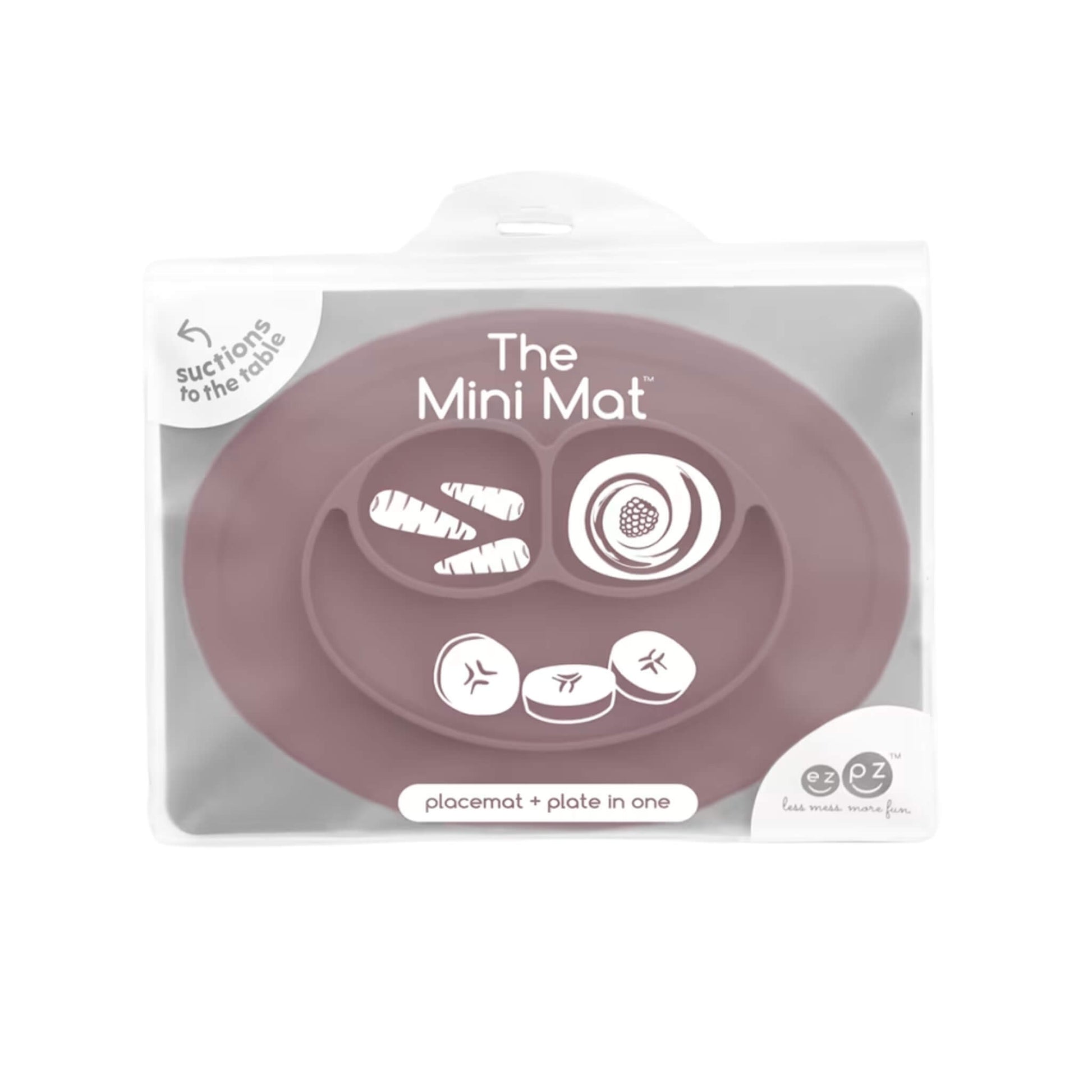 Clear storage case displaying The Mini Mat in mauve, labelled as a suction placemat and plate in one, with simple food illustrations printed on the packaging.
