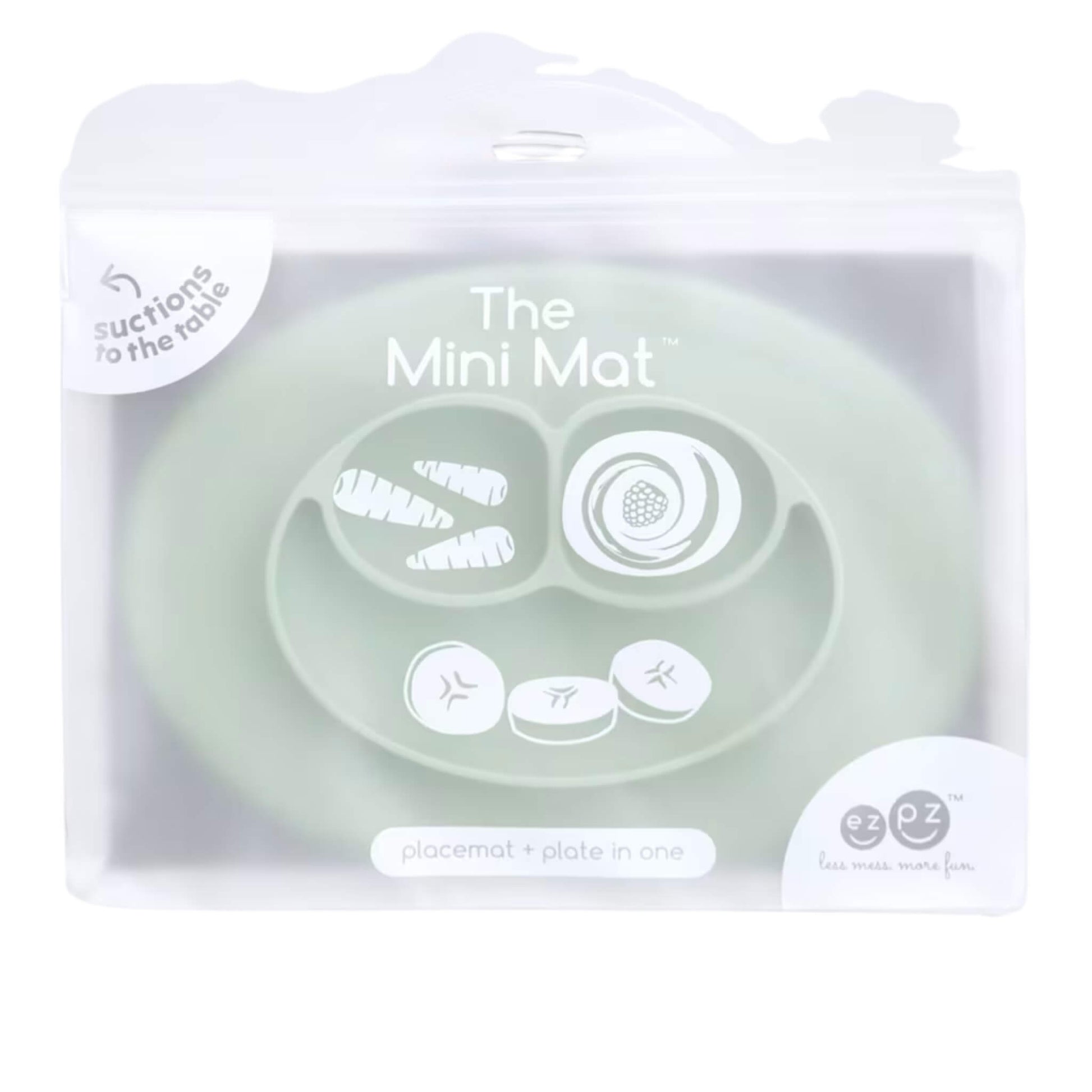 Clear zip storage bag with branding showing The Mini Mat in sage, labelled as a suction placemat and plate in one, with simple food illustrations on the packaging.