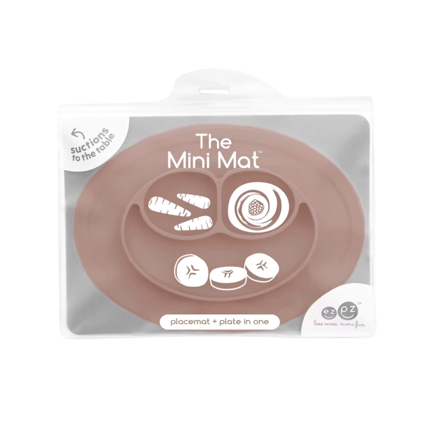 Clear zip storage case with branding showing The Mini Mat in sienna, labelled as a suction placemat and plate in one, with simple food illustrations on the front.