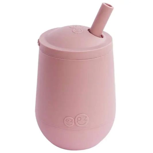 ezpz Mini Cup + Straw silicone training cup set in blush pink with open cup and detachable straw.