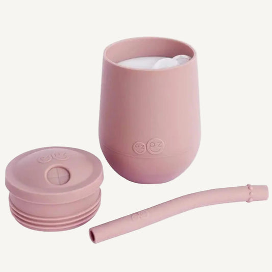 Bluush pink removable lid, silicone straw and open cup showing dual drinking skills training system.