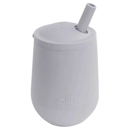 ezpz Mini Cup + Straw in pewter grey with silicone straw and weighted base for early drinking practice