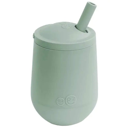 ezpz Mini Cup + Straw silicone training cup set in sage green with open cup and detachable straw.