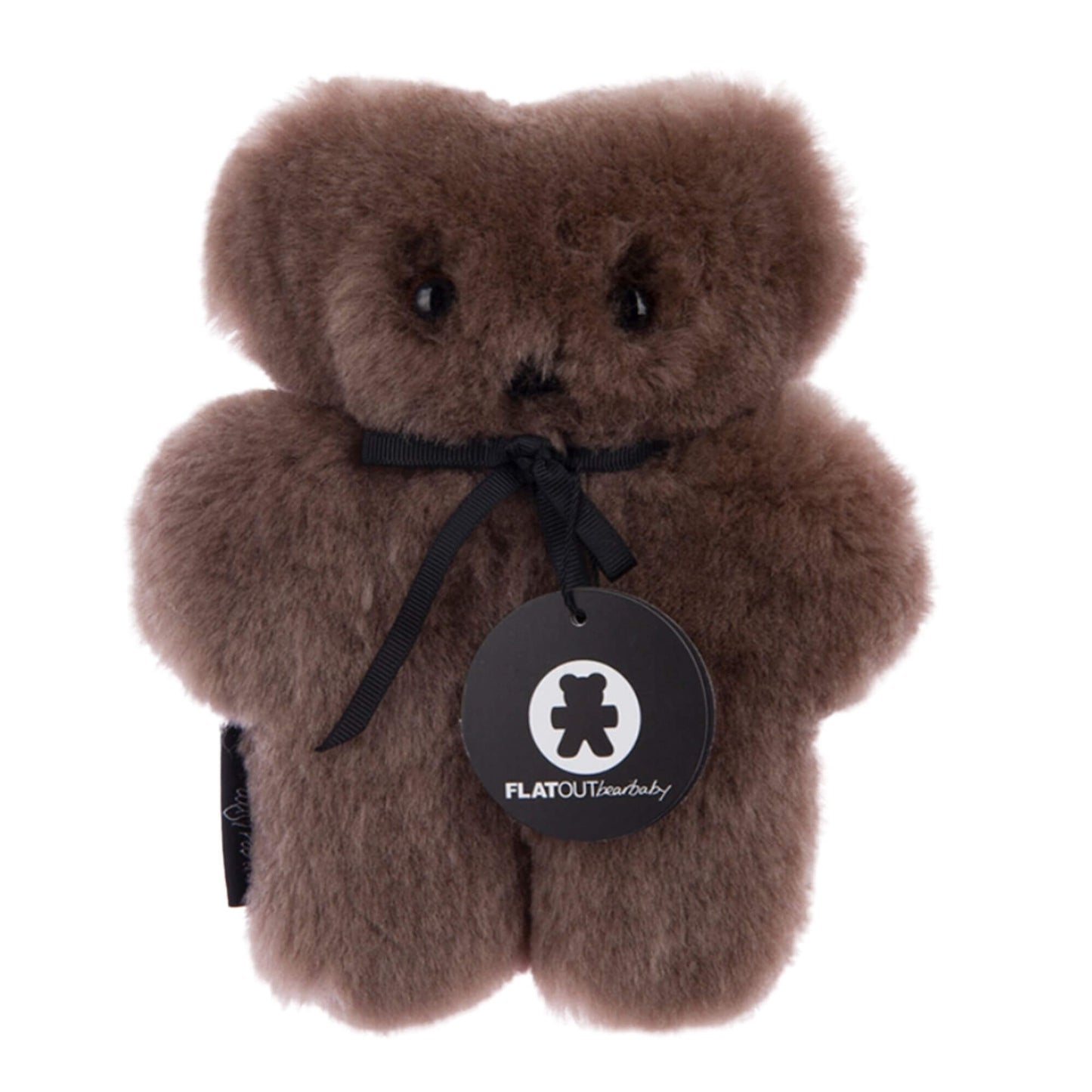 FLATOUTbear Baby comfort toy made from 100% Australian sheepskin, shown in chocolate brown with a flat teddy shape, stitched facial features and hanging brand tag.