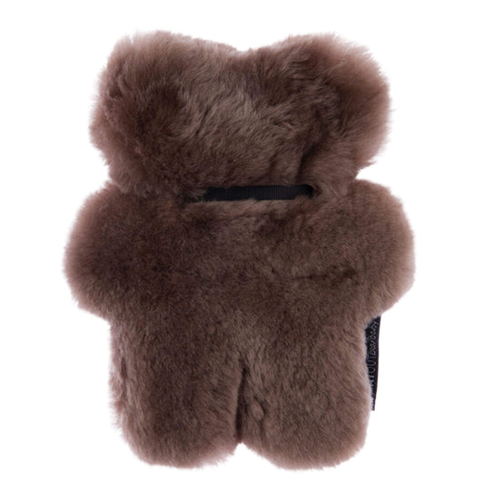 A flat chocolate brown sheepskin teddy comfort toy showing a plush fleece back, slim profile and stitched centre seam running vertically down a bear-shaped body.