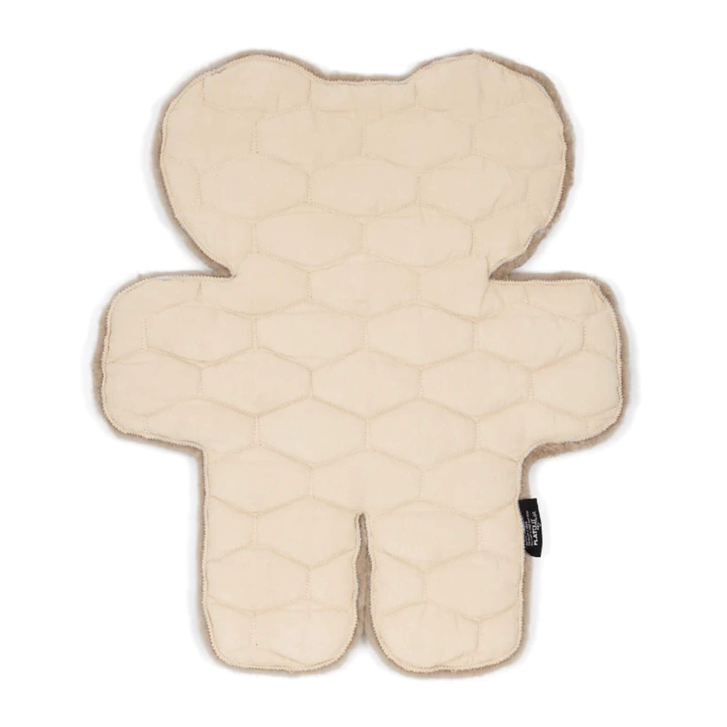 A bear-shaped baby play rug shown from the reverse, featuring a padded backing with stitched hexagonal quilting in a light neutral fabric.