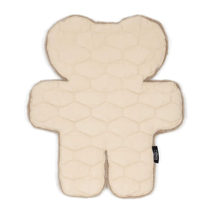 A bear-shaped baby play rug shown from the reverse, featuring a padded backing with stitched hexagonal quilting in a light neutral fabric.