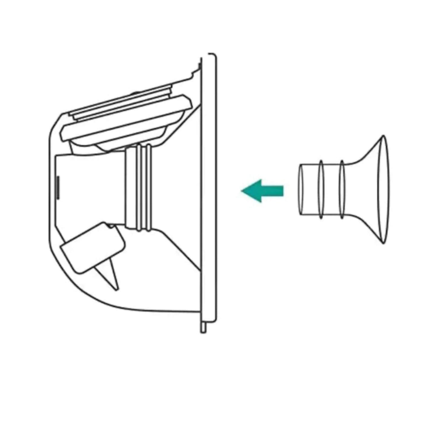 A simple line drawing showing how the insert slides into the breast pump flange, with an arrow indicating the direction of placement.