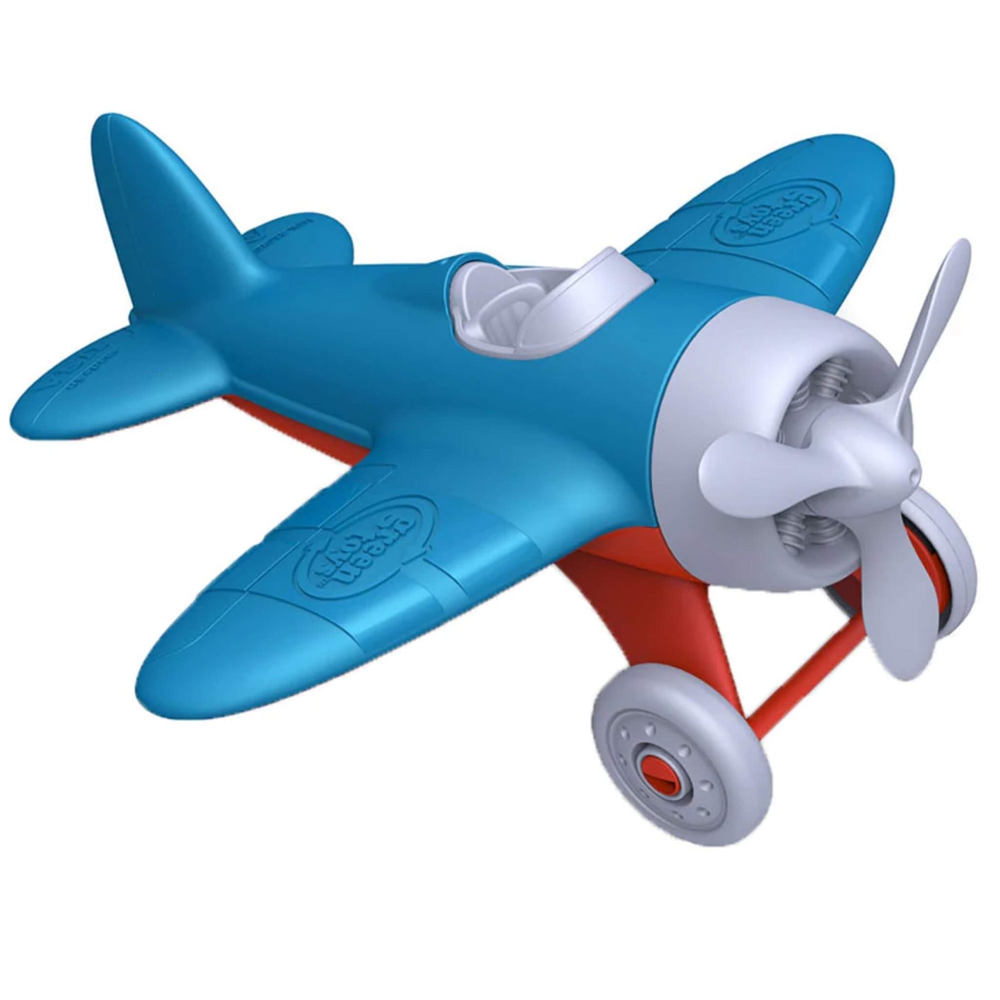 Green Toys Airplane in blue with red undercarriage and grey propeller, shown angled from the front to highlight the spinning propeller and landing gear.