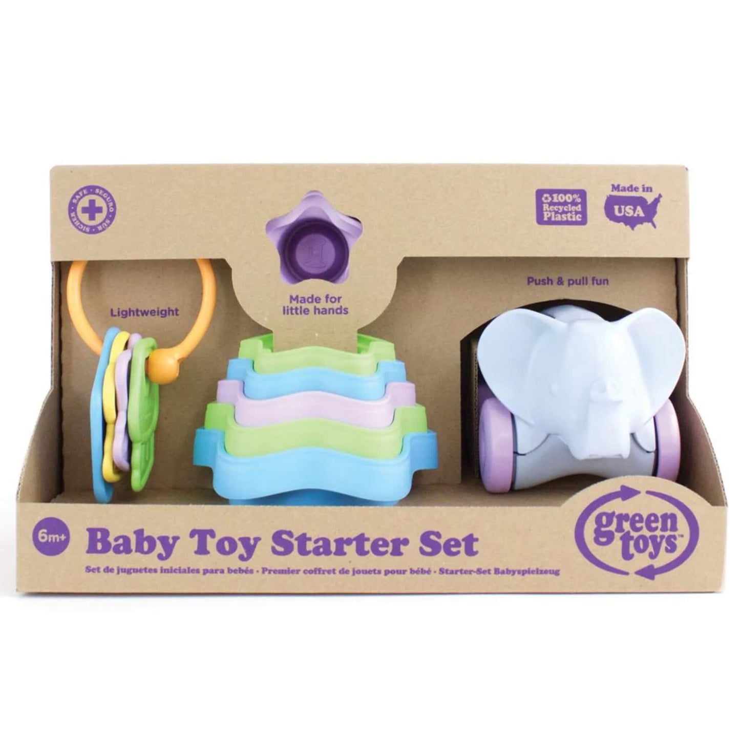 Green Toys Baby Toy Starter Set in retail packaging, featuring First Keys, Stacking Cups, and an Elephant-on-Wheels toy, displayed in a cardboard gift box.