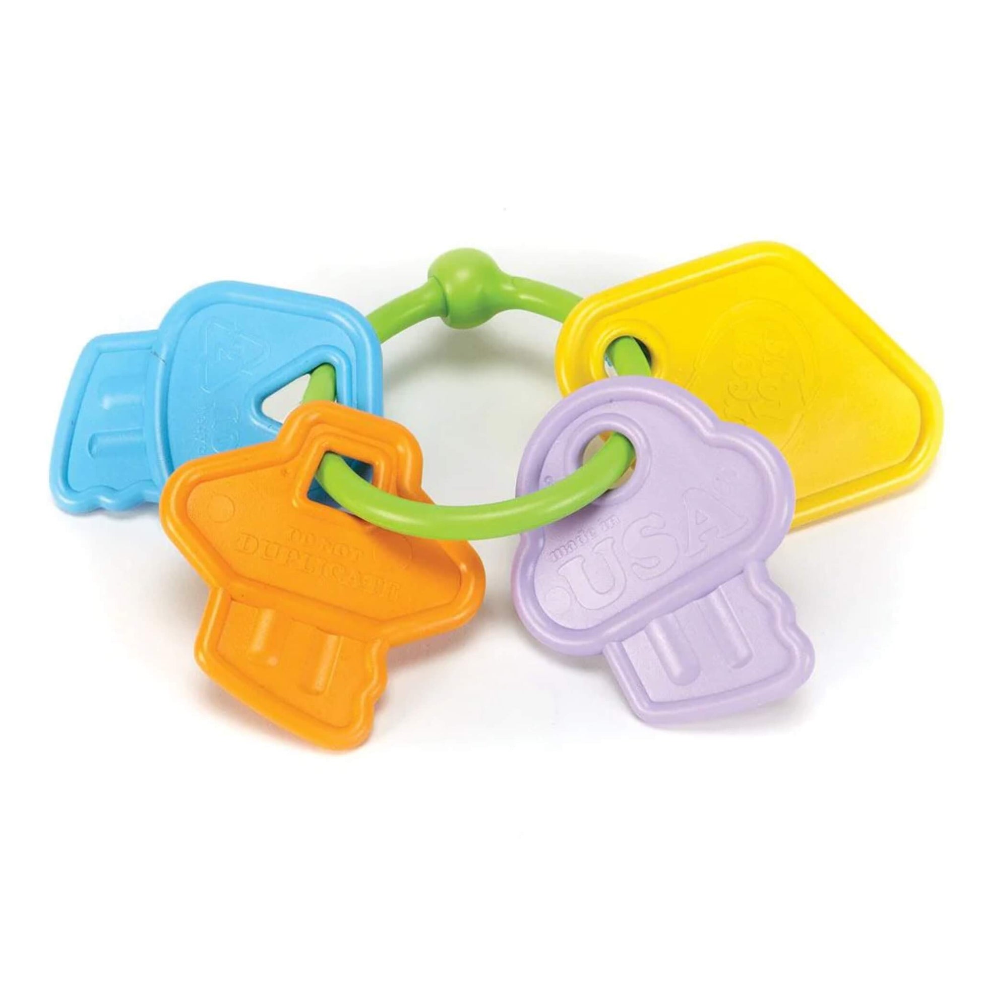 Close-up of colourful baby keyring toy with four chunky keys in orange, blue, yellow and purple on a green ring, designed for grasping and shaking.