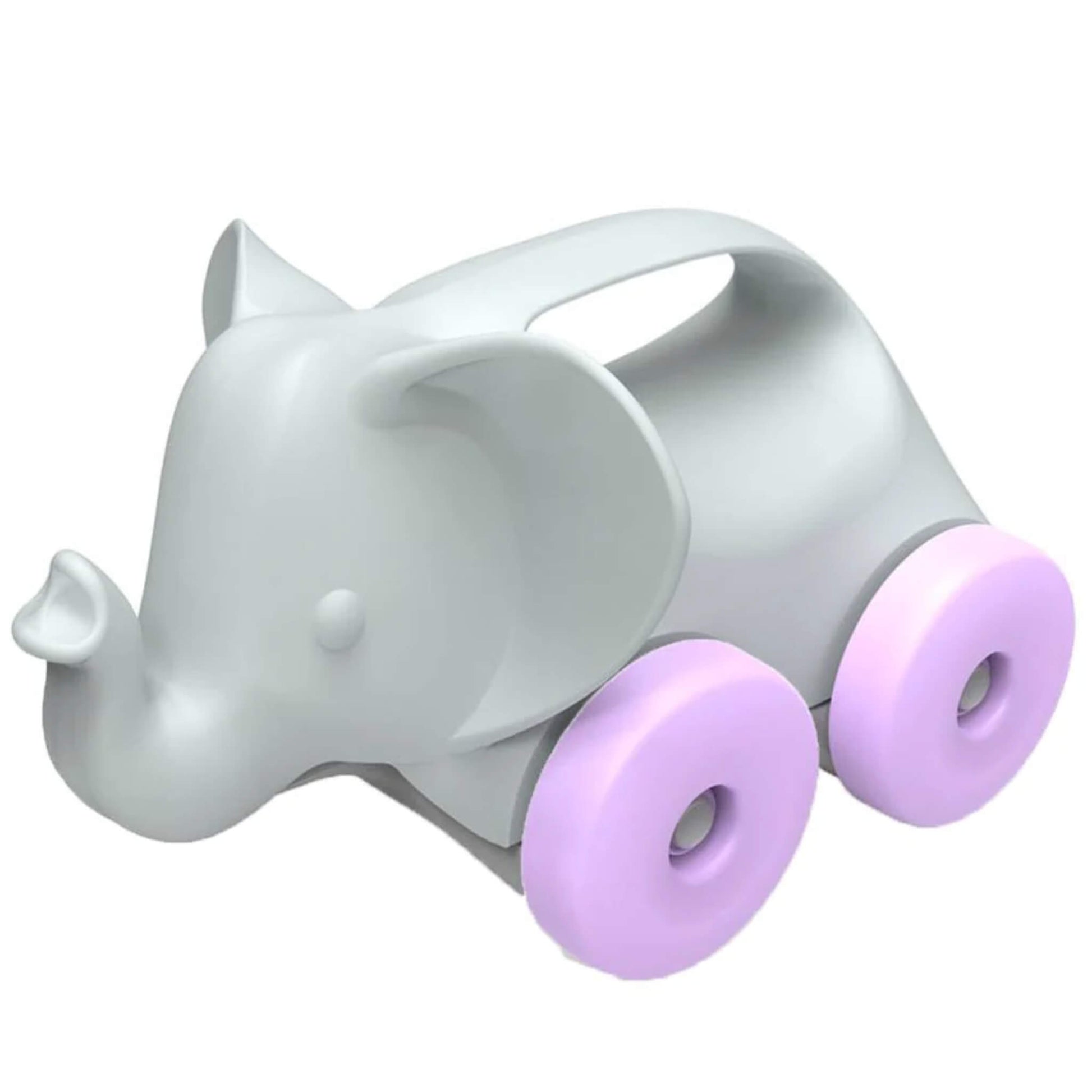Light grey elephant toy with soft purple wheels and a built-in handle, designed for early push-and-pull play.