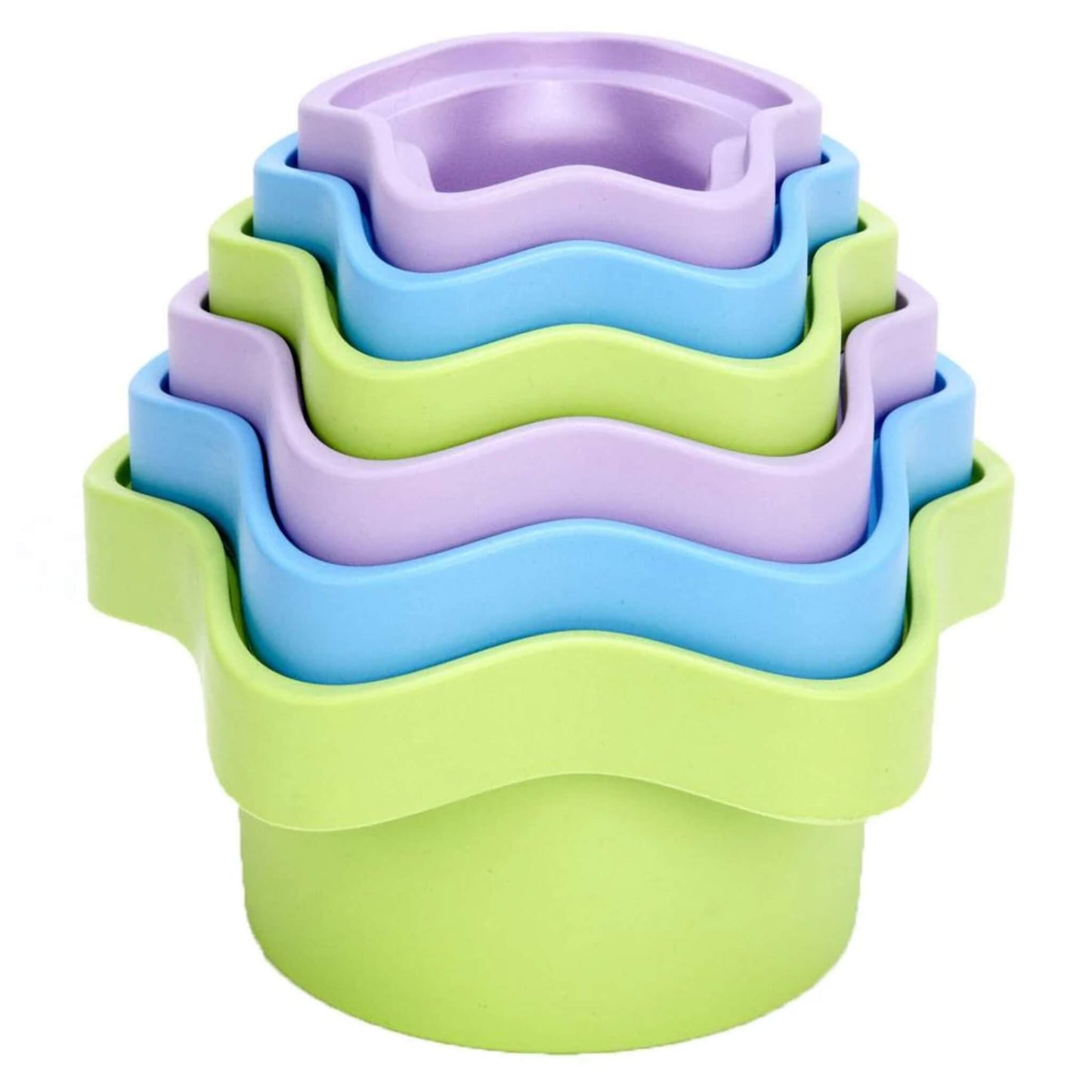 Stack of six pastel-coloured baby cups in soft green, blue and lilac tones, arranged in a wavy, nesting tower shape.